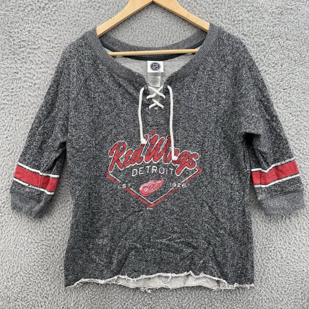 NHL DETROIT RED WINGS Women's Large Pullover Lace Up‎ Distressed Hem Sweatshirt